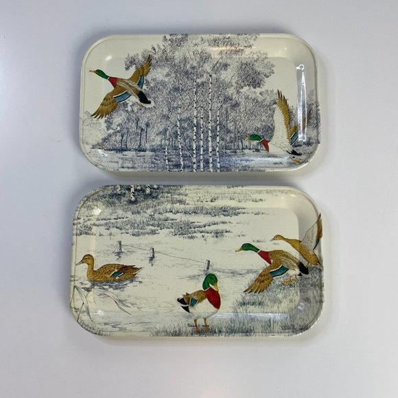 Vintage MASSILY Stamped Metal Outdoor Duck Pond Wood Scene Snack Trays Set of 2 - Picture 5 of 10